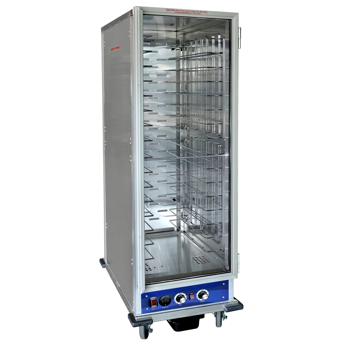 Enhanced HC1836HPCU full-size non-insulated heater proofer cabinet open showing interior wire racks and blue control panel