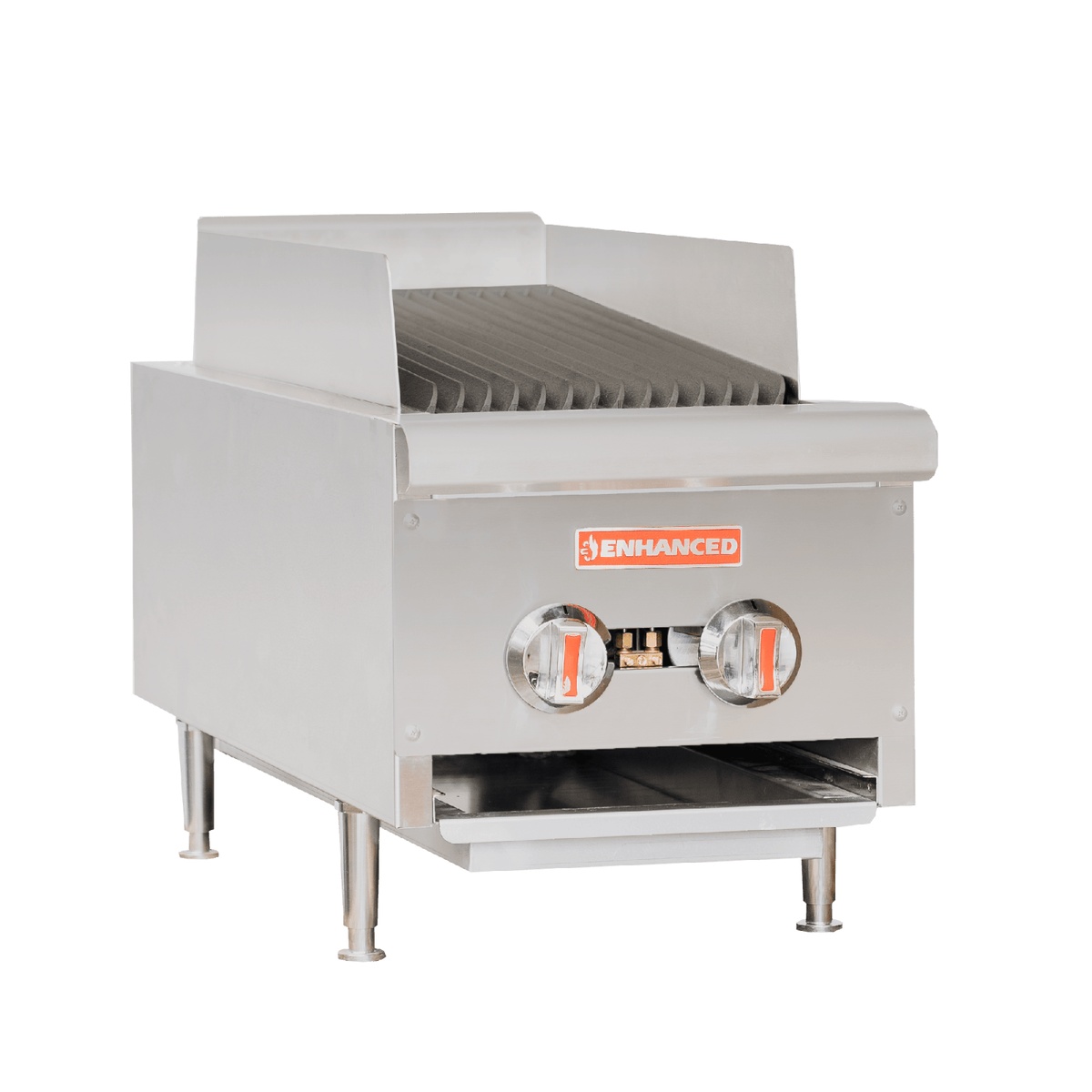 Enhanced EHDCB-14 14-inch radiant charbroiler full unit view with two control knobs and stainless steel body