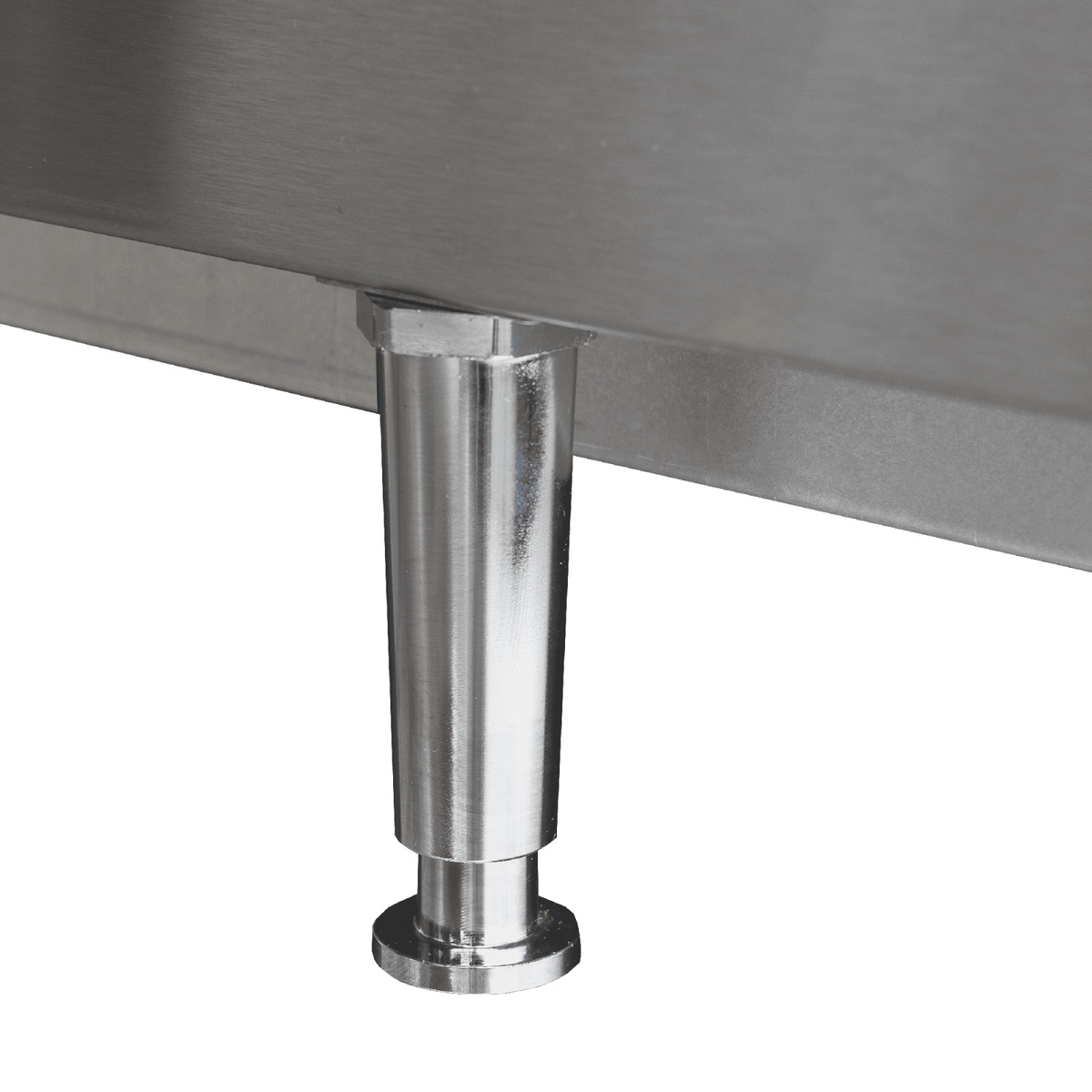 Close-up of a stainless steel adjustable bullet foot on the Enhanced EHDCB-24 charbroiler