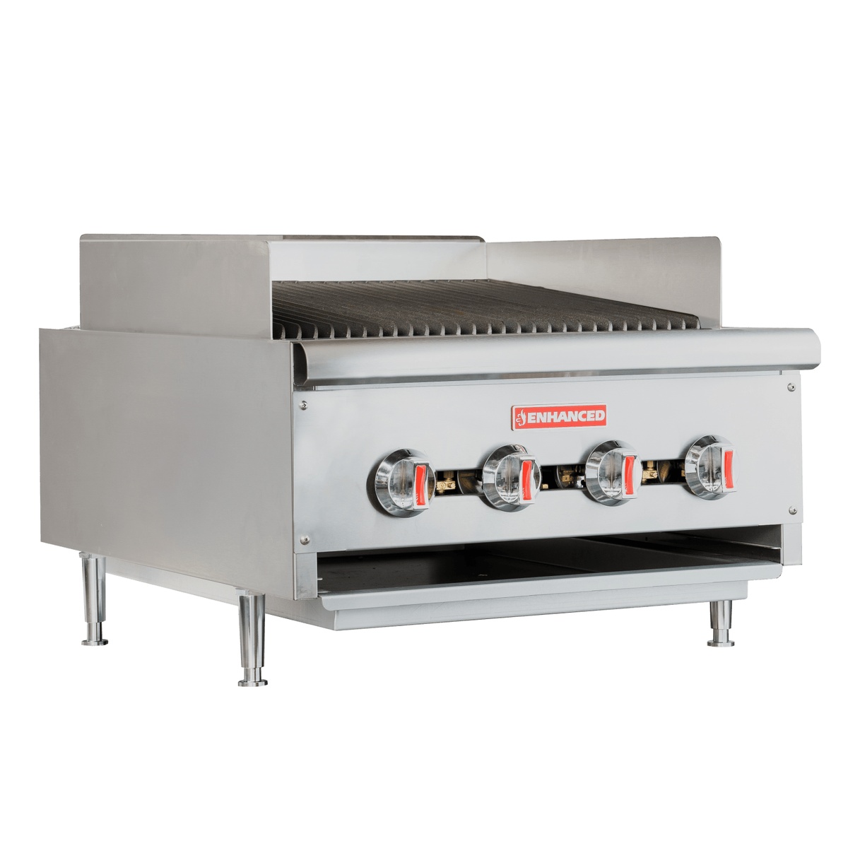 Enhanced EHDCB-24 24-inch radiant charbroiler with four control knobs and stainless steel body on adjustable legs
