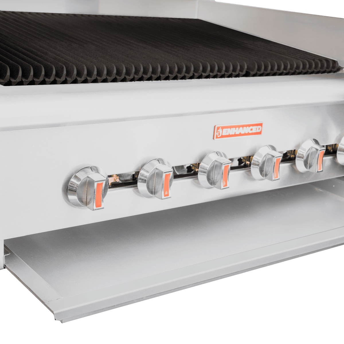 Close-up of six individual burner control knobs on the Enhanced EHDCB-36 charbroiler front panel with removable grease tray