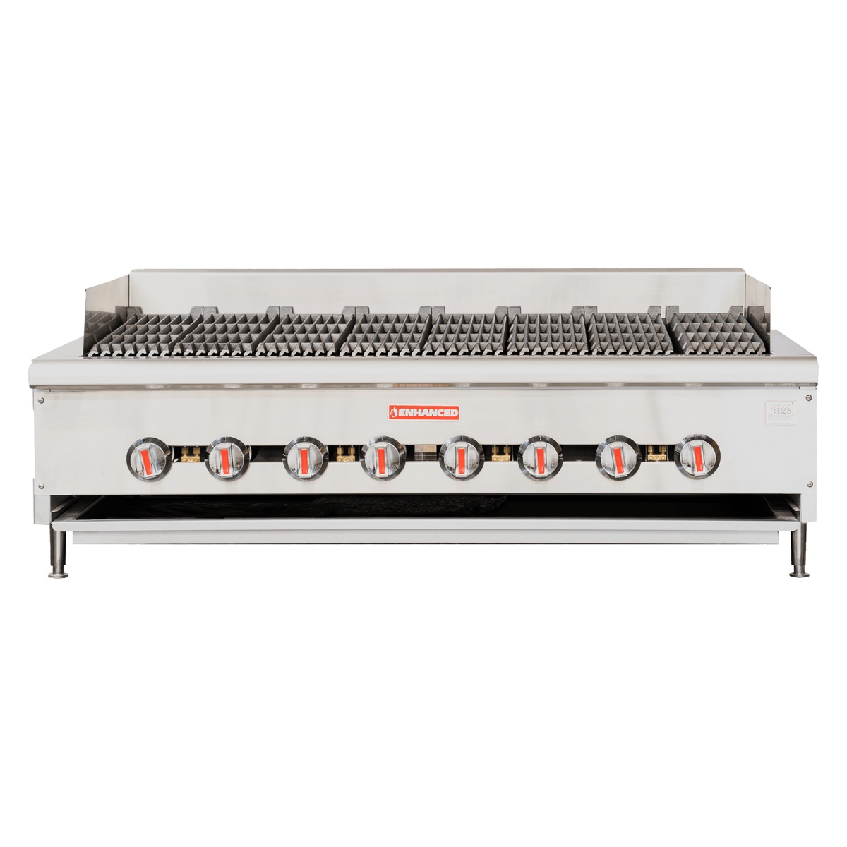 EHDCB-48 Enhanced 48-inch radiant charbroiler, straight front view showing 8 control knobs and full-width radiant grate surface