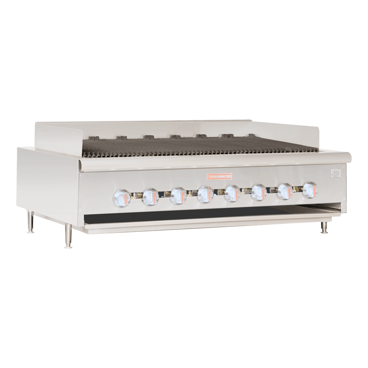 EHDCB-48 Enhanced 48-inch radiant charbroiler, three-quarter angle view showing stainless steel body, 8 control knobs, and cast iron grates