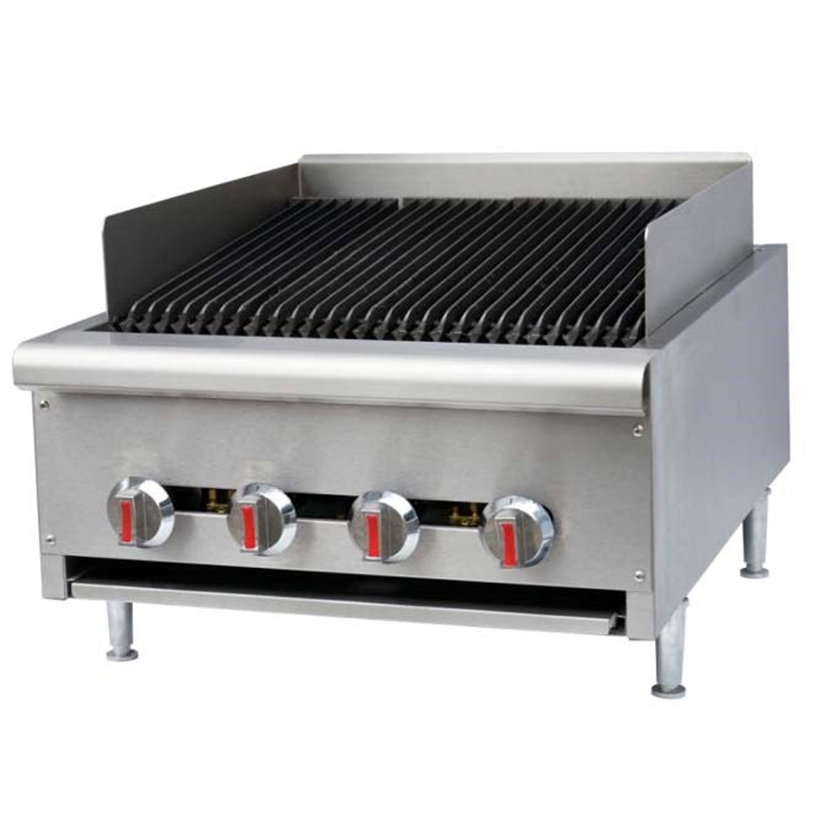 Close-up view of a radiant charbroiler grate and control knobs showing stainless steel build quality