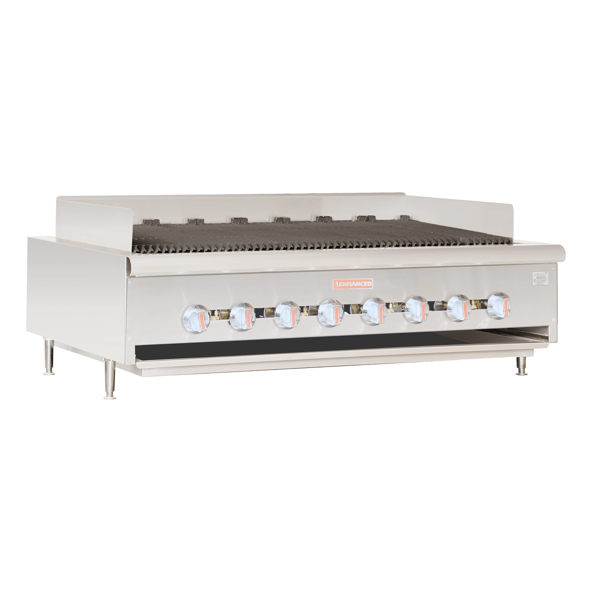Enhanced EHDCB-60 60-inch radiant charbroiler with stainless steel body and eight individual control knobs