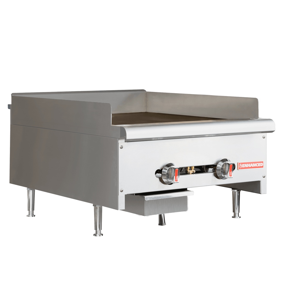 Enhanced EHDG-24 24-inch manual gas griddle with stainless steel body, dual control knobs, and adjustable legs