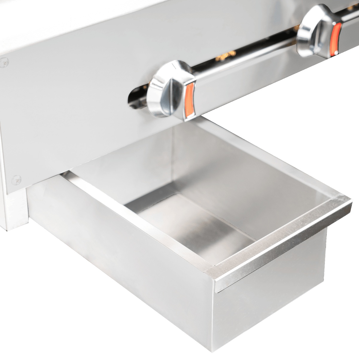 Stainless steel removable grease collection drawer pulled out from the front of the Enhanced EHDG-36 griddle