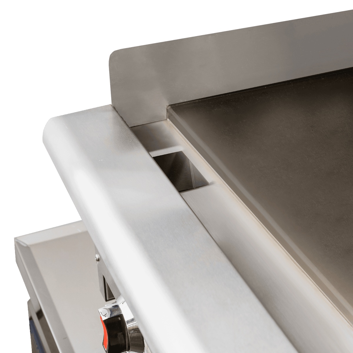 Close-up of the smooth flat cooking surface and front grease channel on the Enhanced EHDG-36 griddle