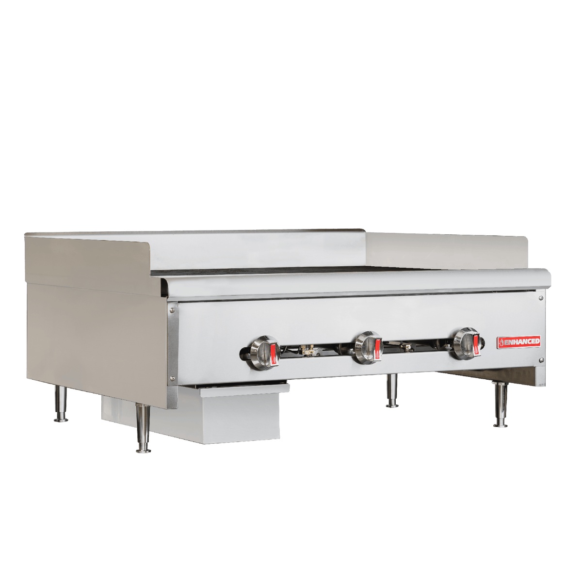 Enhanced EHDG-36-T-1 36-inch heavy-duty thermostatic gas griddle, full product view showing stainless steel body, three control knobs, and cooking plate