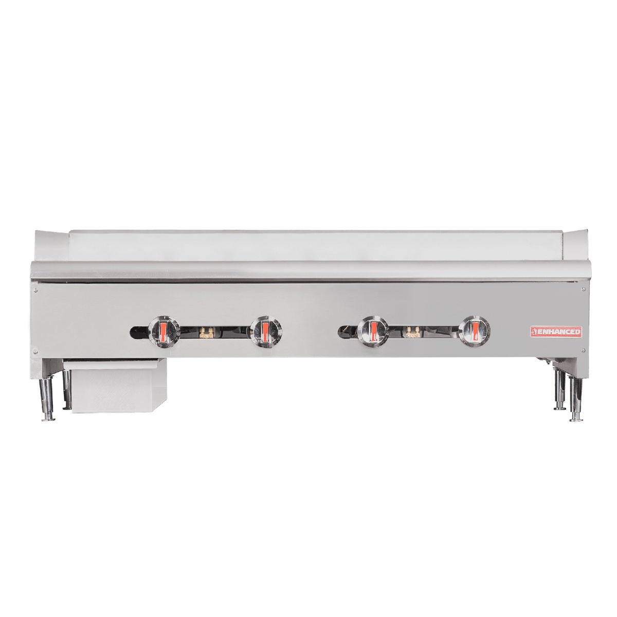 Enhanced EHDG-48-T-1 48-inch heavy-duty gas griddle with 1-inch thick plate and thermostatic controls, stainless steel construction, front view