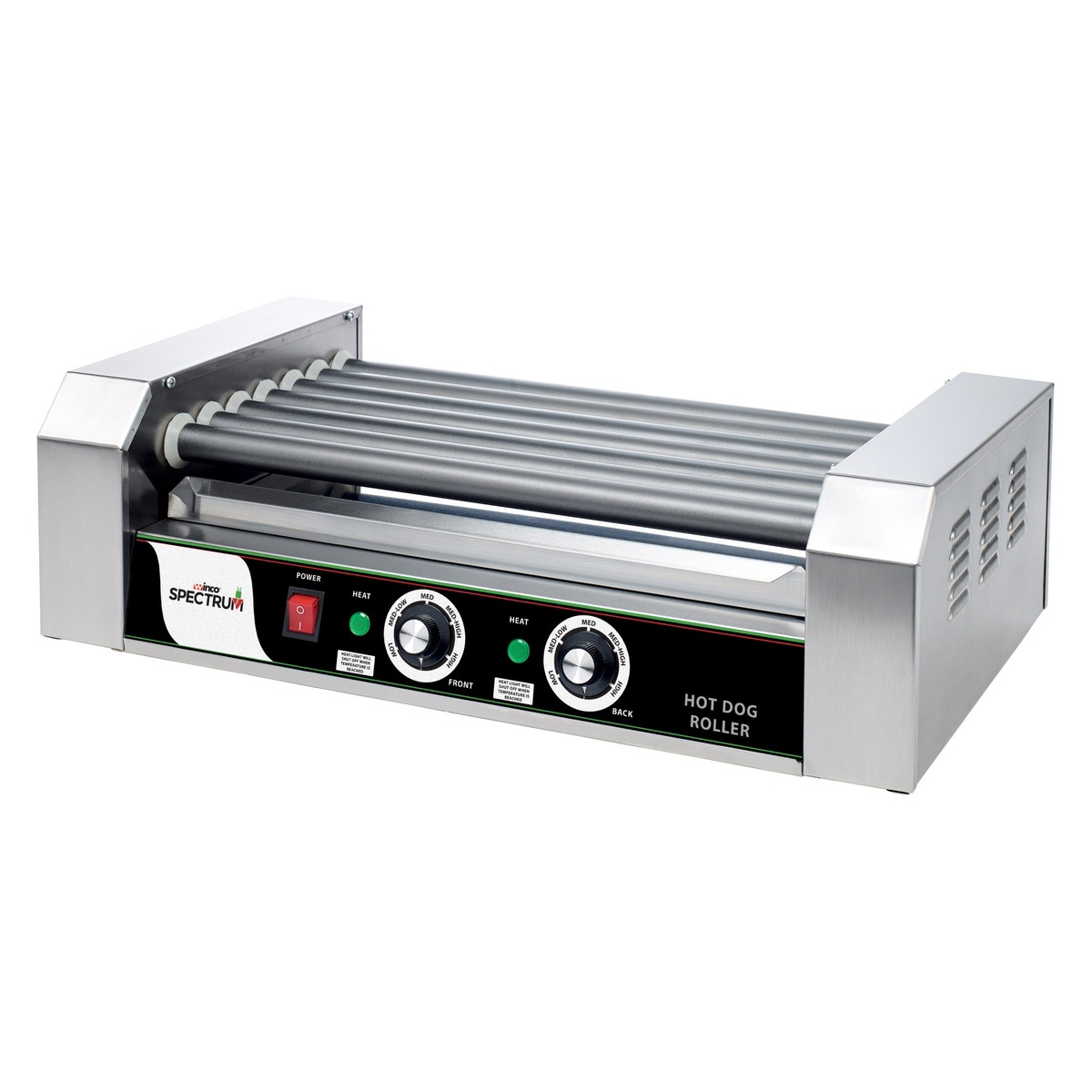 Winco EHDG-7R Spectrum RollRight hot dog roller angled view showing 7 rollers and dual front/rear heat controls