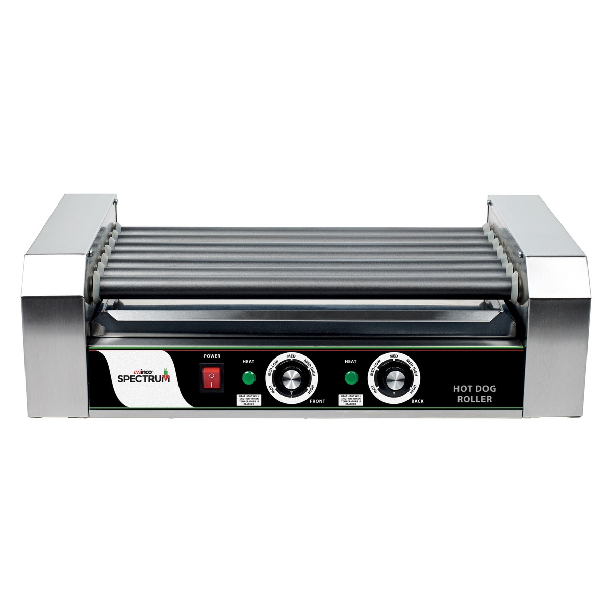 Winco EHDG-7R Spectrum RollRight hot dog roller front view showing power switch and dual independent thermostat knobs