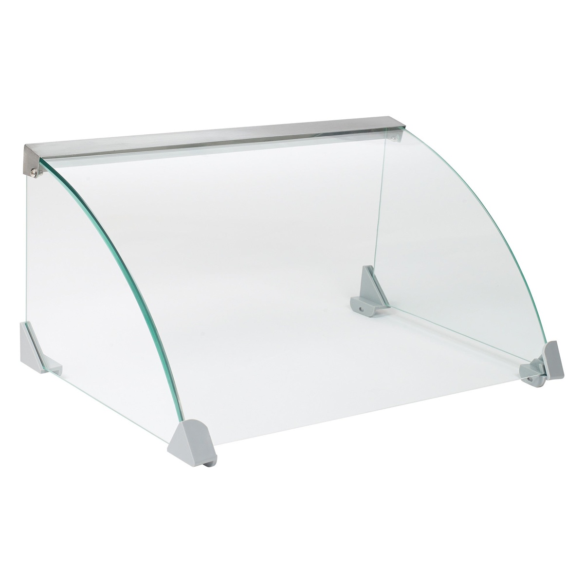 Winco EHDG-7SG curved tempered glass sneeze guard with metal base, standalone view