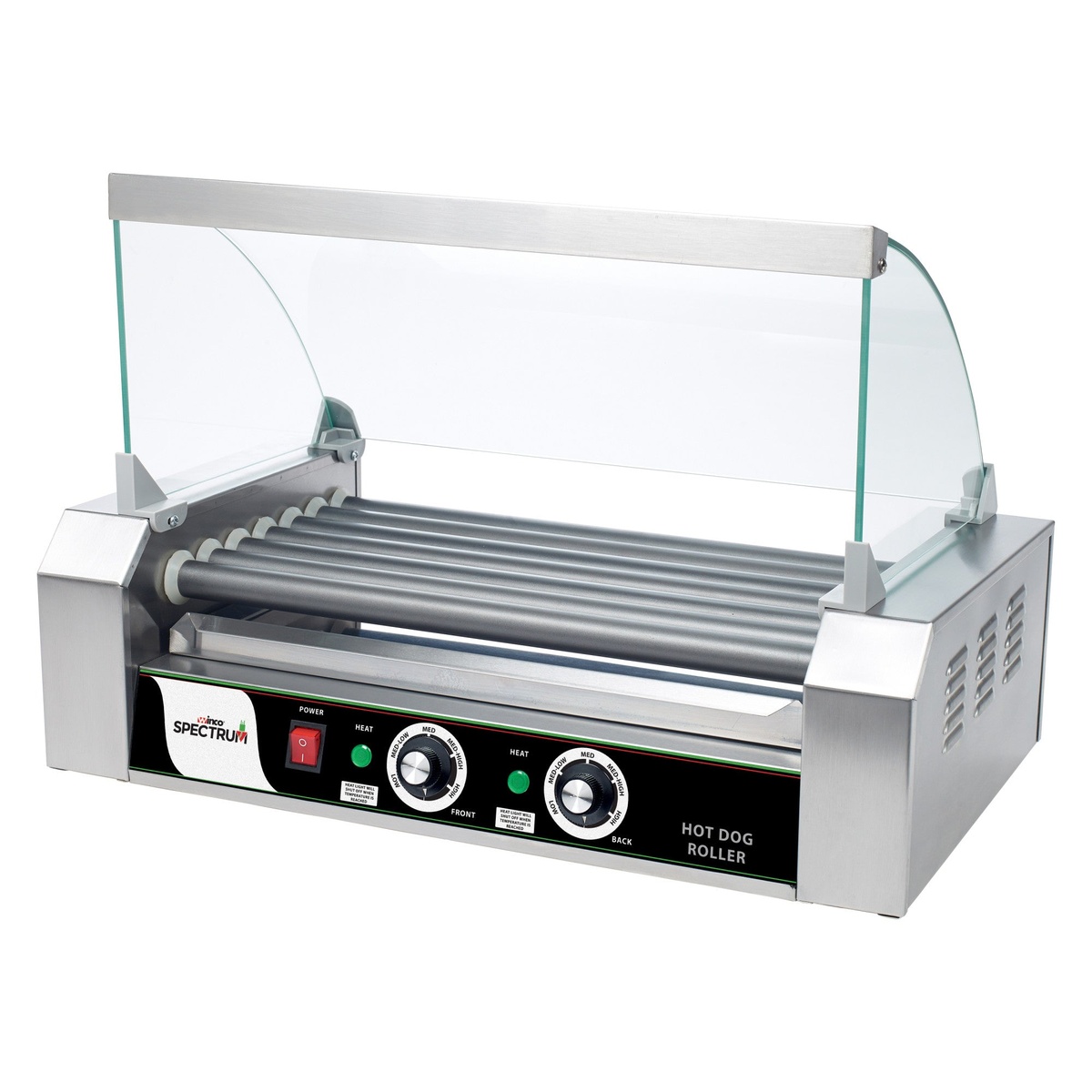 Winco EHDG-7SG sneeze guard installed on EHDG-7R Spectrum hot dog roller grill, no food