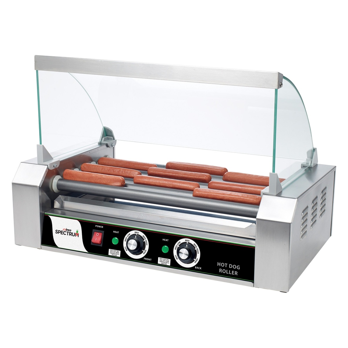 Winco EHDG-7SG sneeze guard on hot dog roller grill with hot dogs cooking on rollers