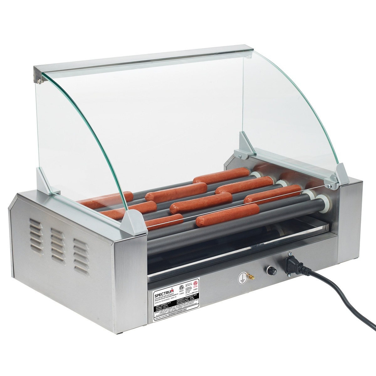 Winco EHDG-7SG sneeze guard rear angle view on roller grill with hot dogs, showing side glass panels and mounting brackets