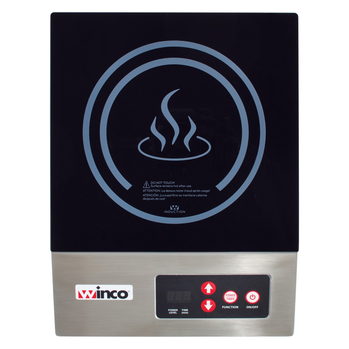Top-down view of the Winco EIC-400E induction cooktop showing the ceramic glass cook zone