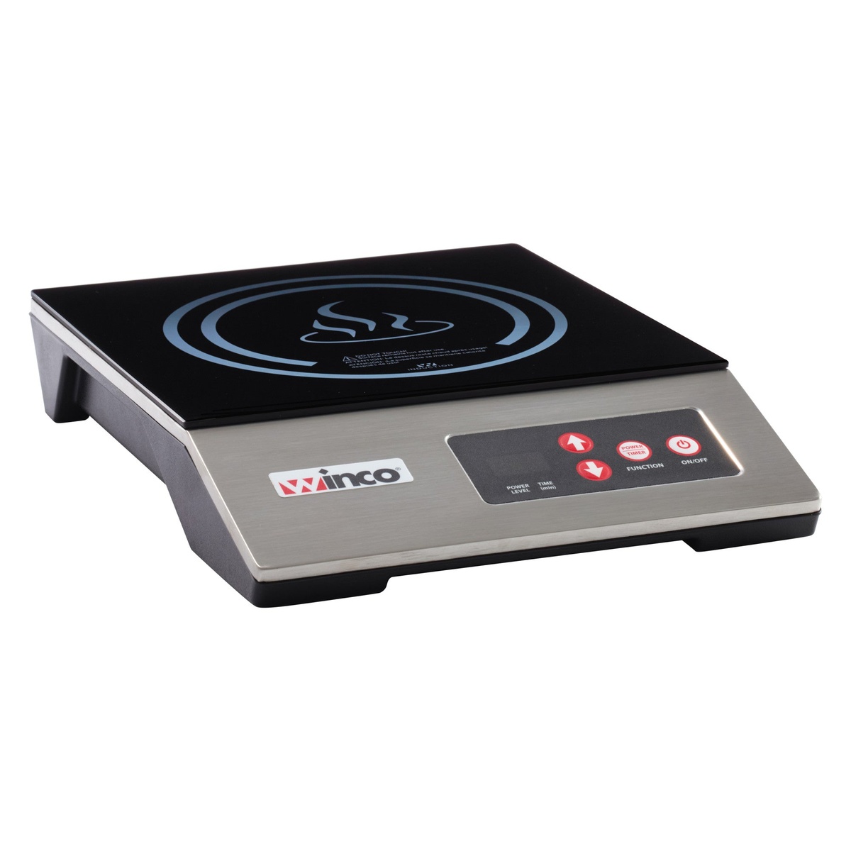 Angled front view of the Winco EIC-400E induction cooktop showing stainless steel housing and control panel
