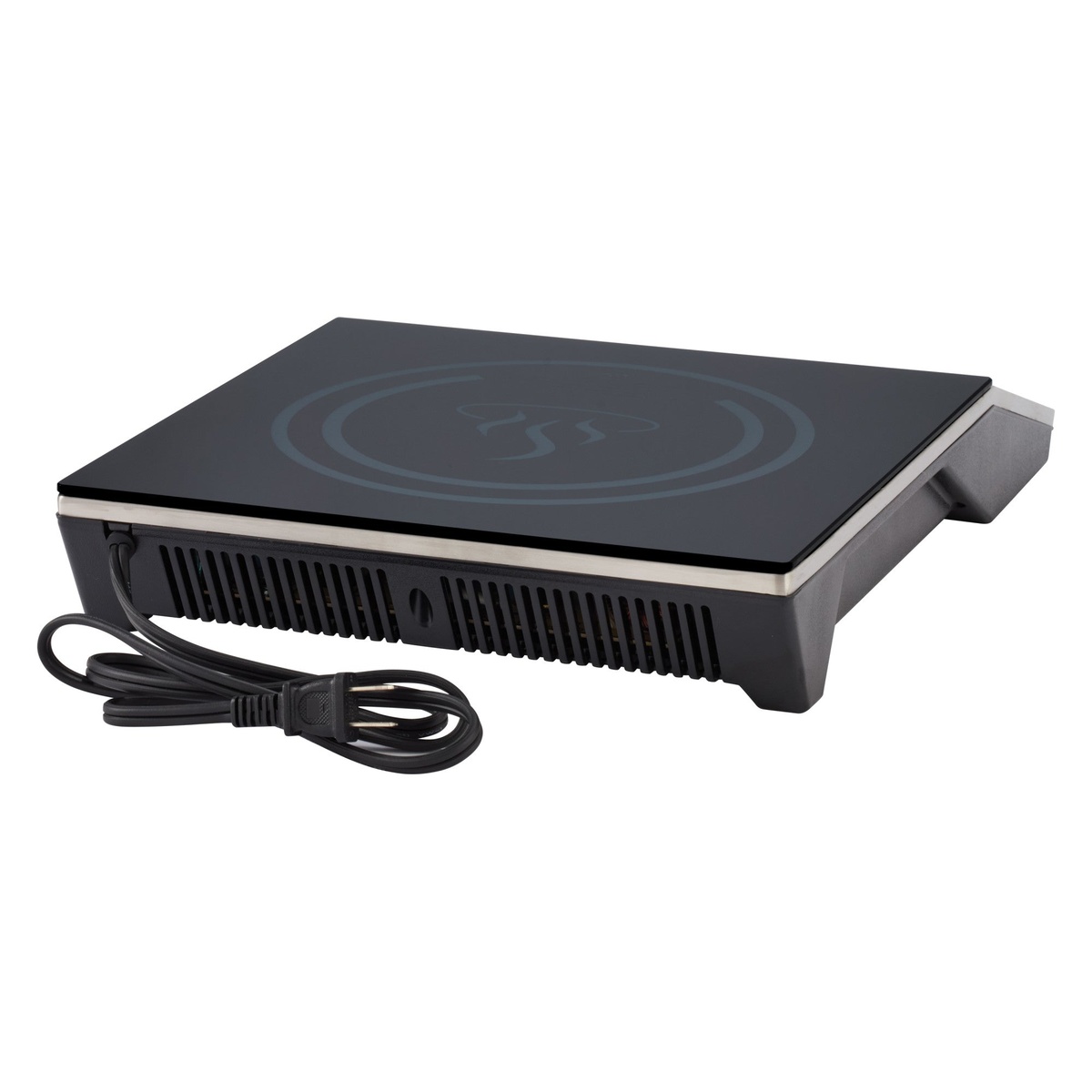 Side view of the Winco EIC-400E induction cooktop showing low-profile design and power cord