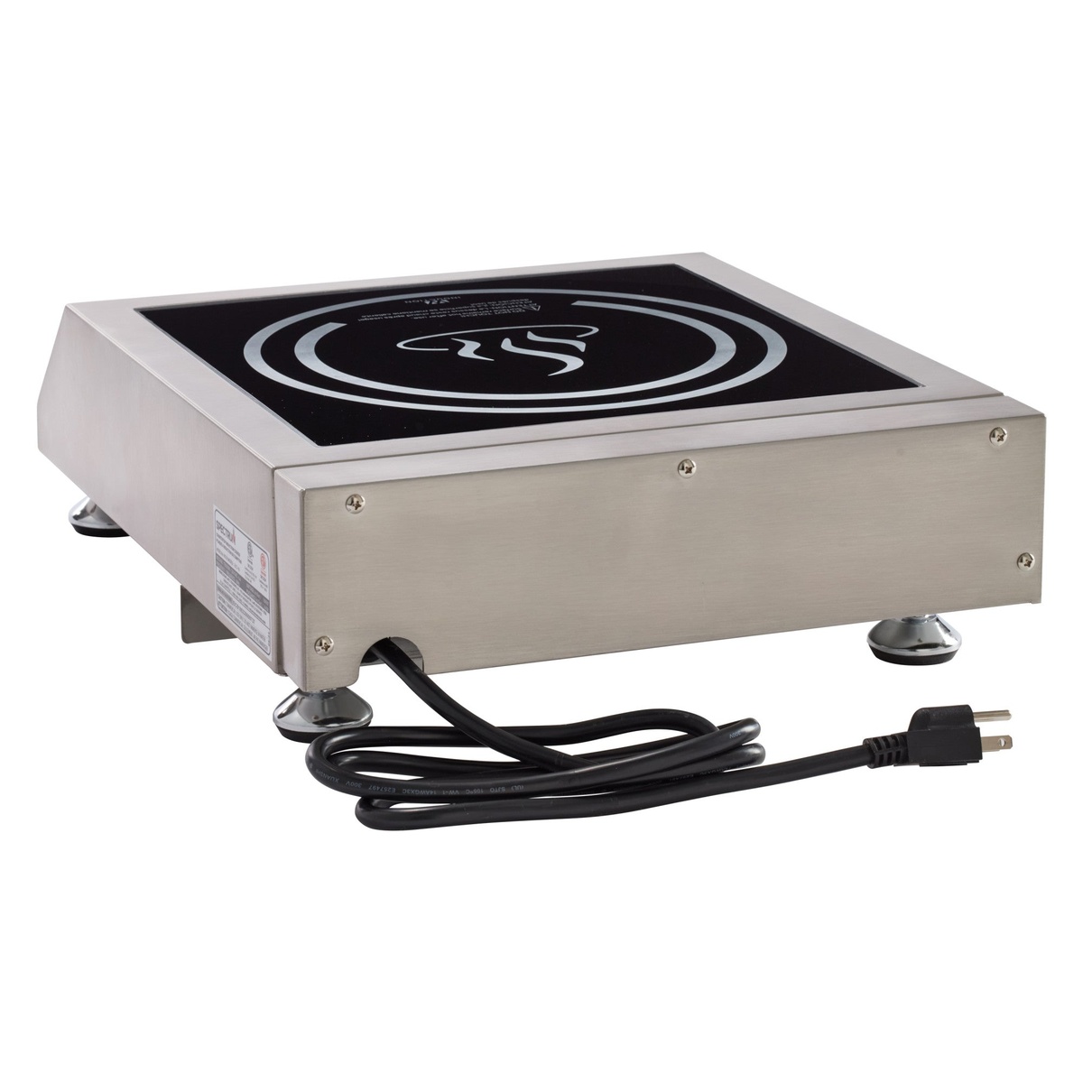 Rear angled view of Winco EICS-18 induction cooker showing power cord and plug