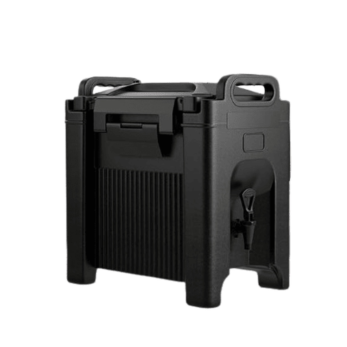 Black insulated 2.5-gallon beverage dispenser with side spigot, top handles, and raised legs