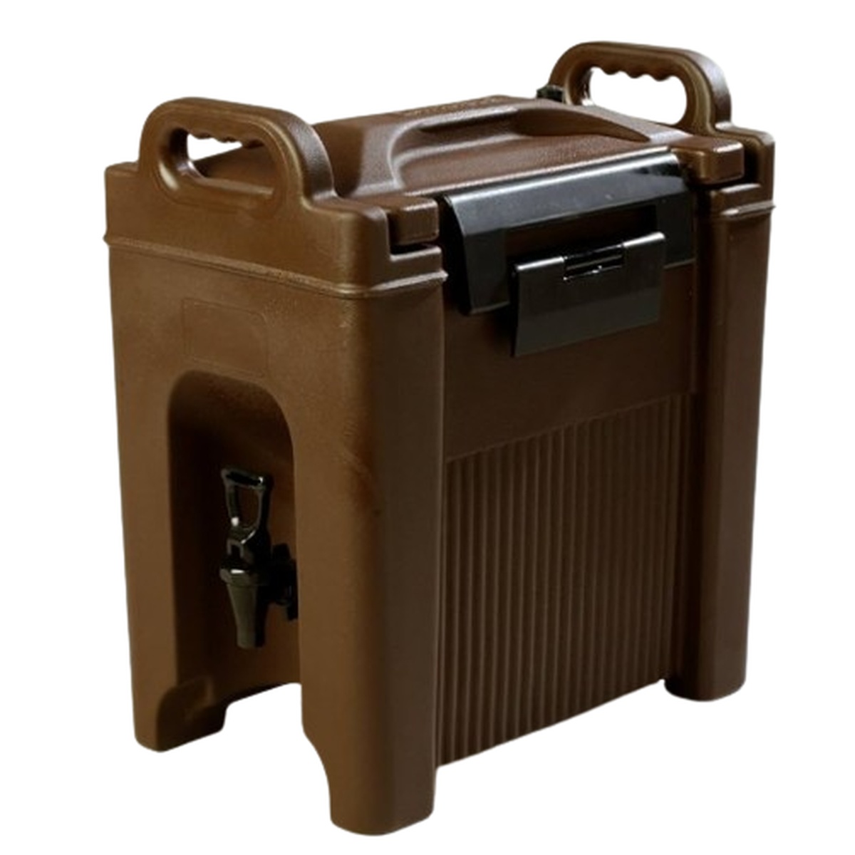 Brown insulated 2.5-gallon beverage dispenser with carry handles, locking lid, and stainless steel spigot