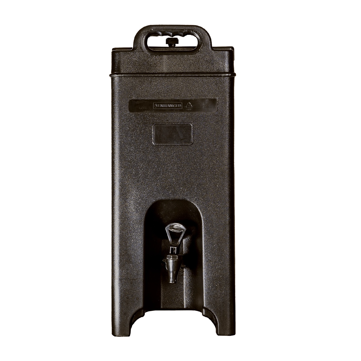 Cresco Resco 5-gallon black insulated drink dispenser, front view showing faucet and carry handle