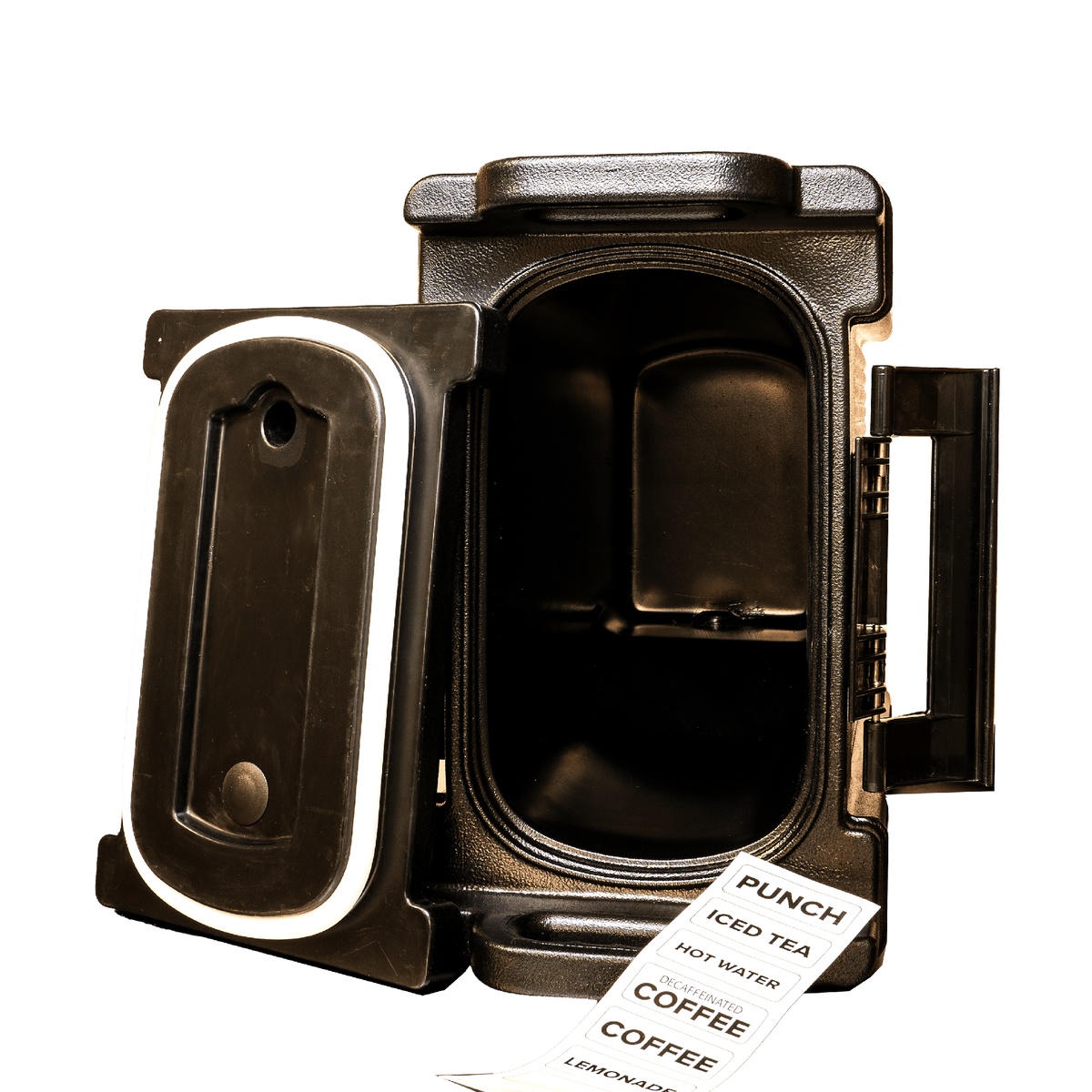 Interior view of black insulated drink dispenser with lid open and beverage identification labels including Punch, Iced Tea, Hot Water, Coffee, and Lemonade