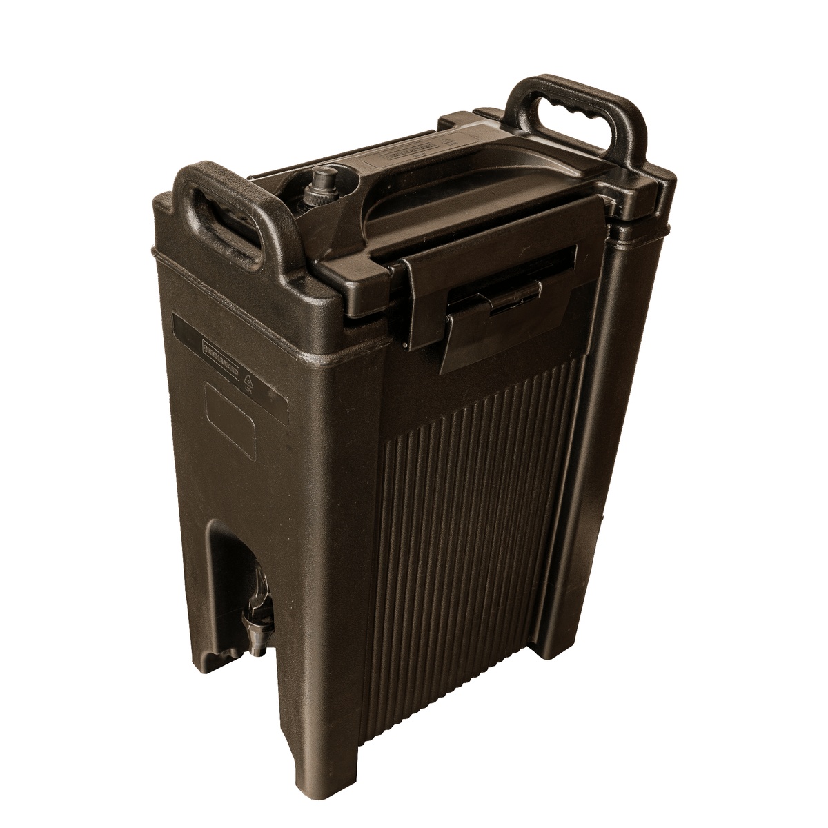 Cresco Resco insulated drink dispenser, angled three-quarter view showing lid latch, dual handles, and ribbed side panels