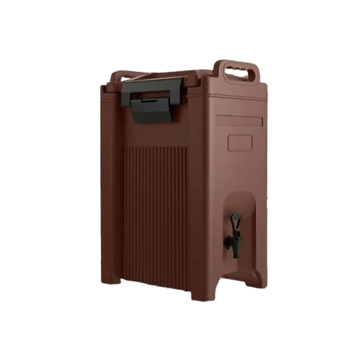 Cresco Resco 5-gallon brown insulated beverage dispenser with locking lid, top handle, textured exterior, raised feet, and side spigot