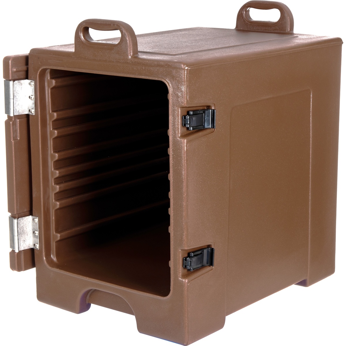 Brown insulated food pan carrier with front door open showing interior pan slide rails and latch closures