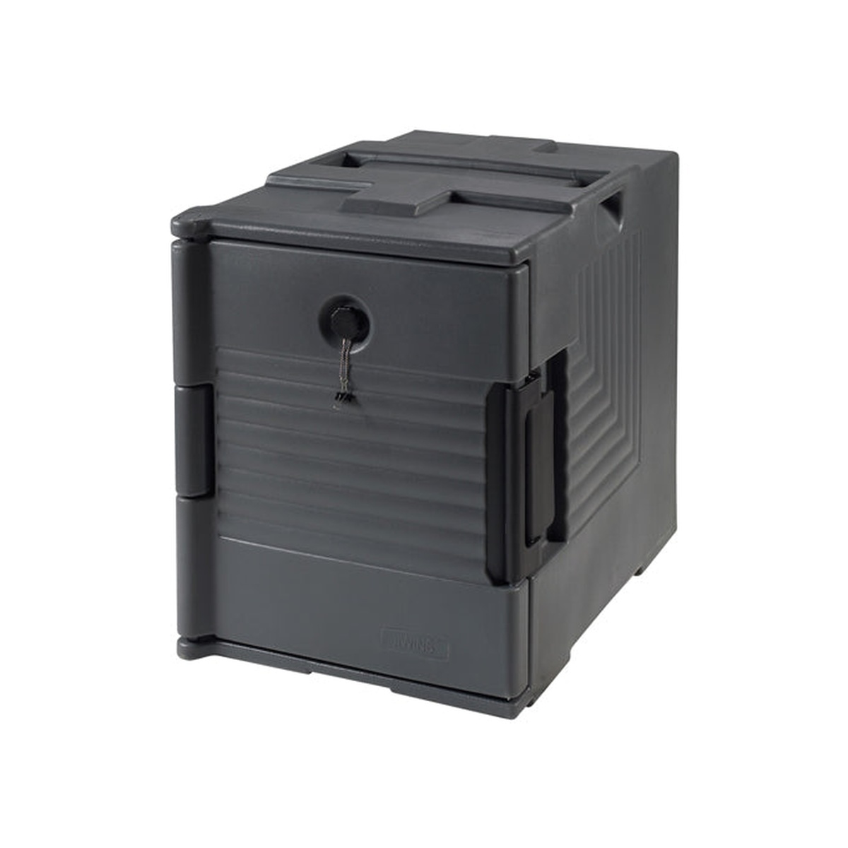 EIFT-400 insulated food carrier closed view showing latch and ribbed polypropylene exterior in charcoal gray