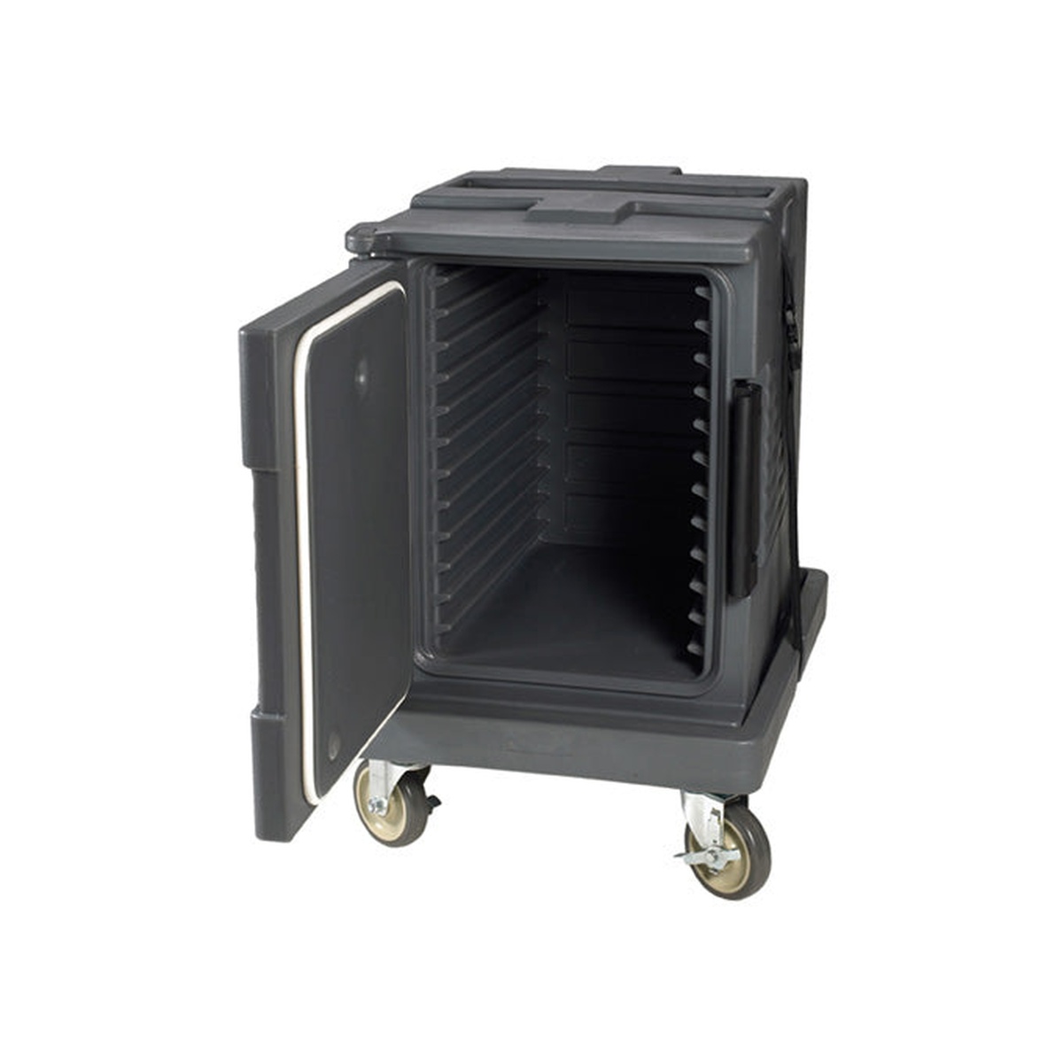 EIFT-400 insulated food carrier open door view showing interior pan slide rails and wheeled dolly base