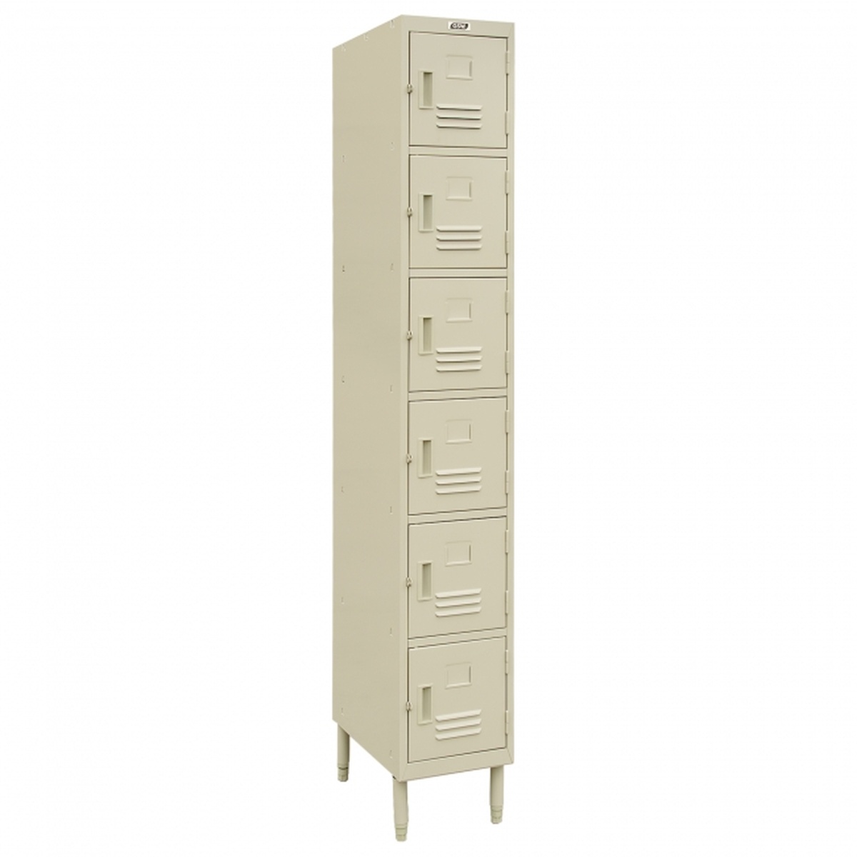 GSW USA EL-6DR 6-tier powder coated steel locker with louvered doors and raised legs