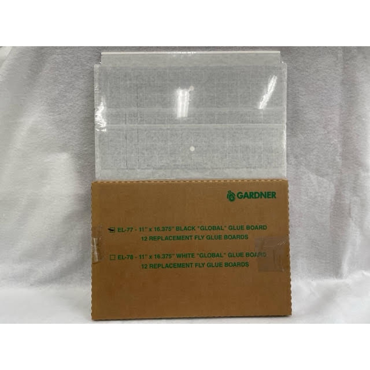 Gardner EL-77 black glue boards partially removed from branded Gardner product carton showing label details