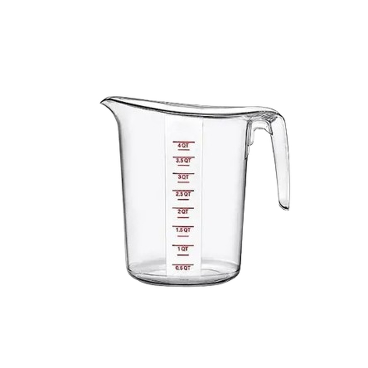 Clear plastic 16-cup measuring cup with red QT graduation markings and handle
