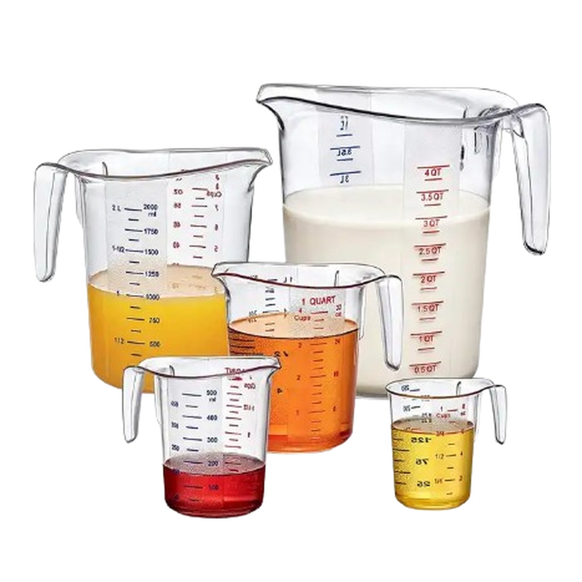Five clear plastic measuring cups of varying sizes filled with colored liquids showing graduated measurement markings