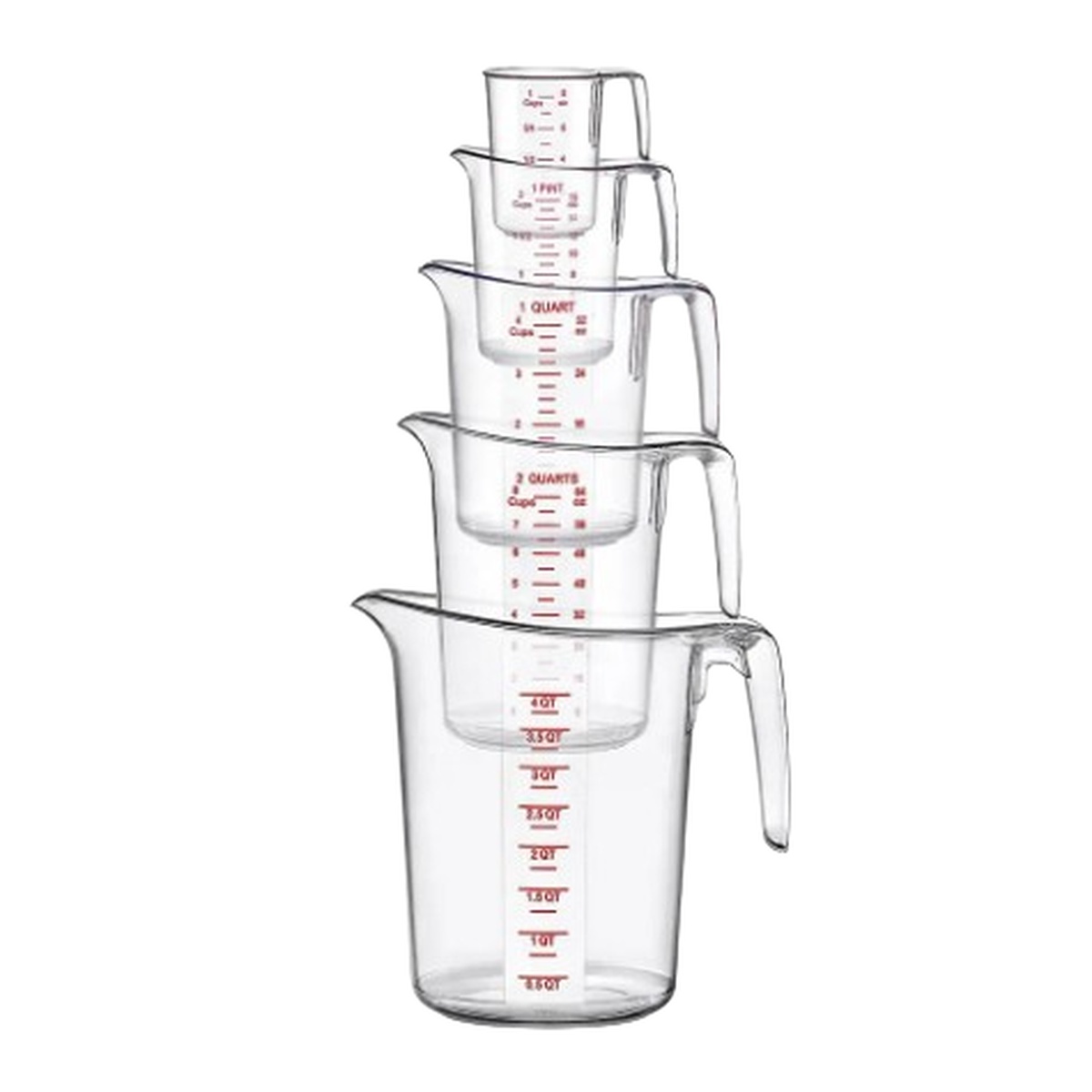 Five clear plastic measuring cups nested and stacked together showing compact storage configuration