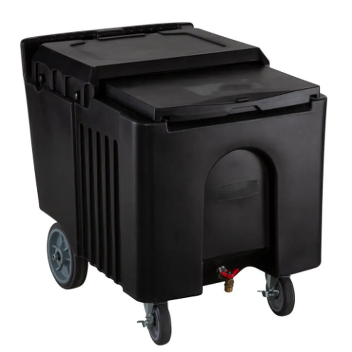 EMIB-125 black insulated mobile ice bin with four wheels and drain spigot, lid closed, three-quarter view