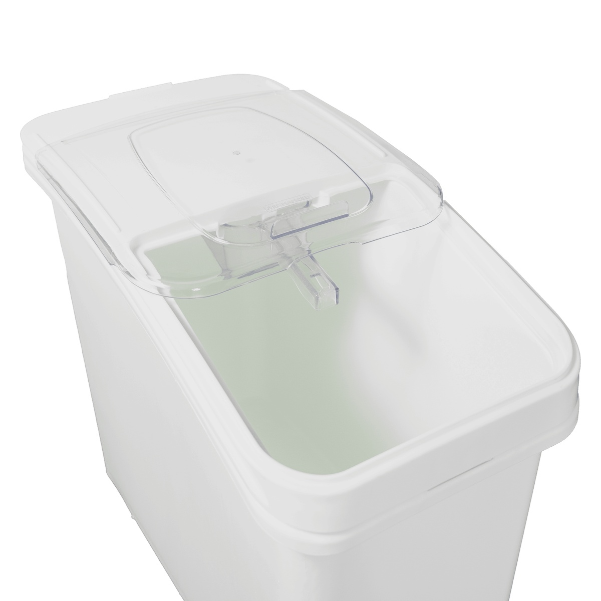 Close-up of the clear hinged flip-top lid on the Cresco Resco 21-gallon ingredient bin