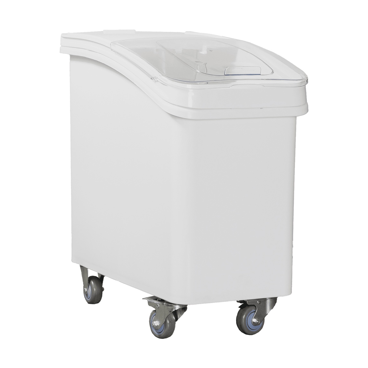 Cresco Resco EMID-27GL white 27-gallon mobile ingredient bin with four casters and clear sliding lid, full product view