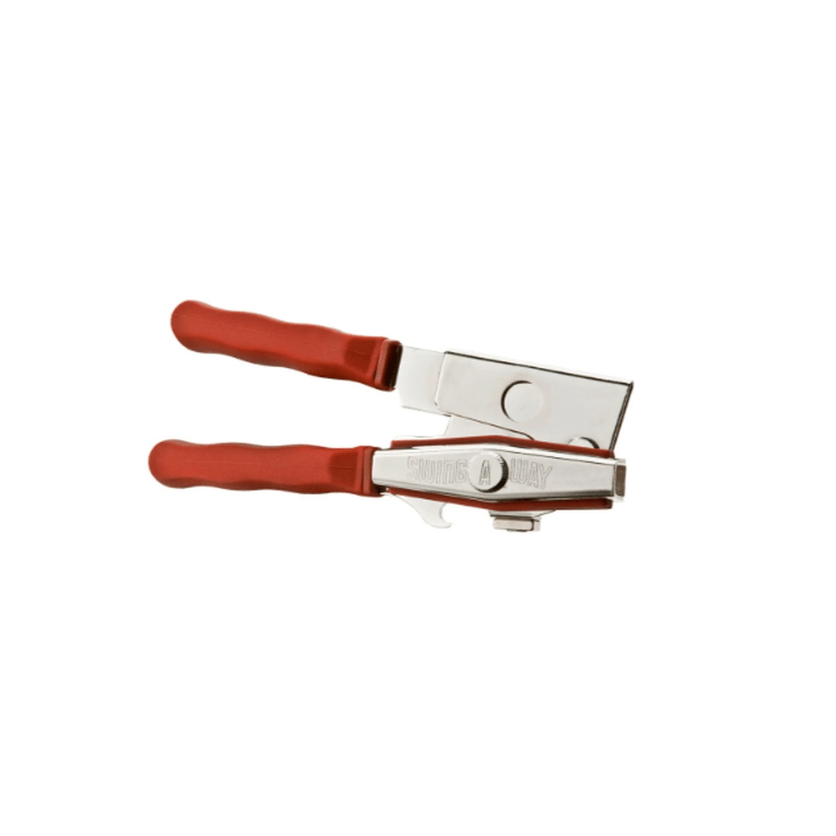 EN1507 Enhanced Swing Can Opener with red silicone grip handles and chrome steel body, open position