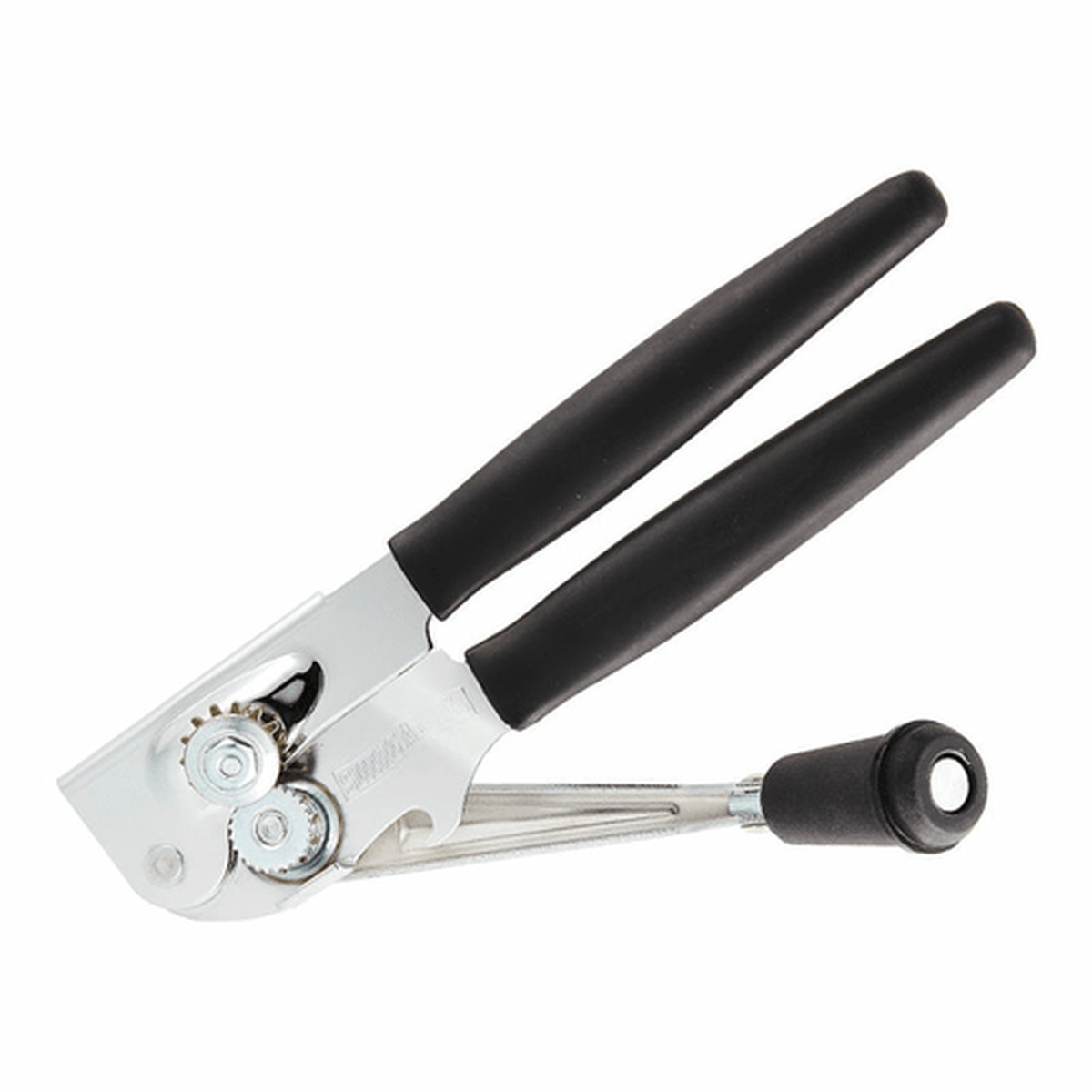 EN6090 Enhanced Swing Can Opener with black handles and chrome metal body shown open
