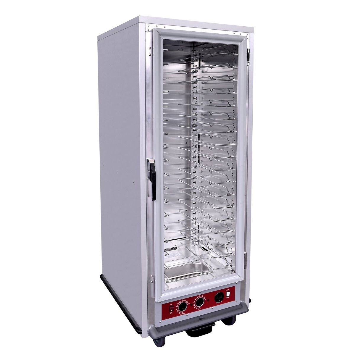 Enhanced ENC-3-1-CIFC-U-20 full-size insulated heater proofing cabinet with glass door, multiple universal racks, red control panel, and caster base