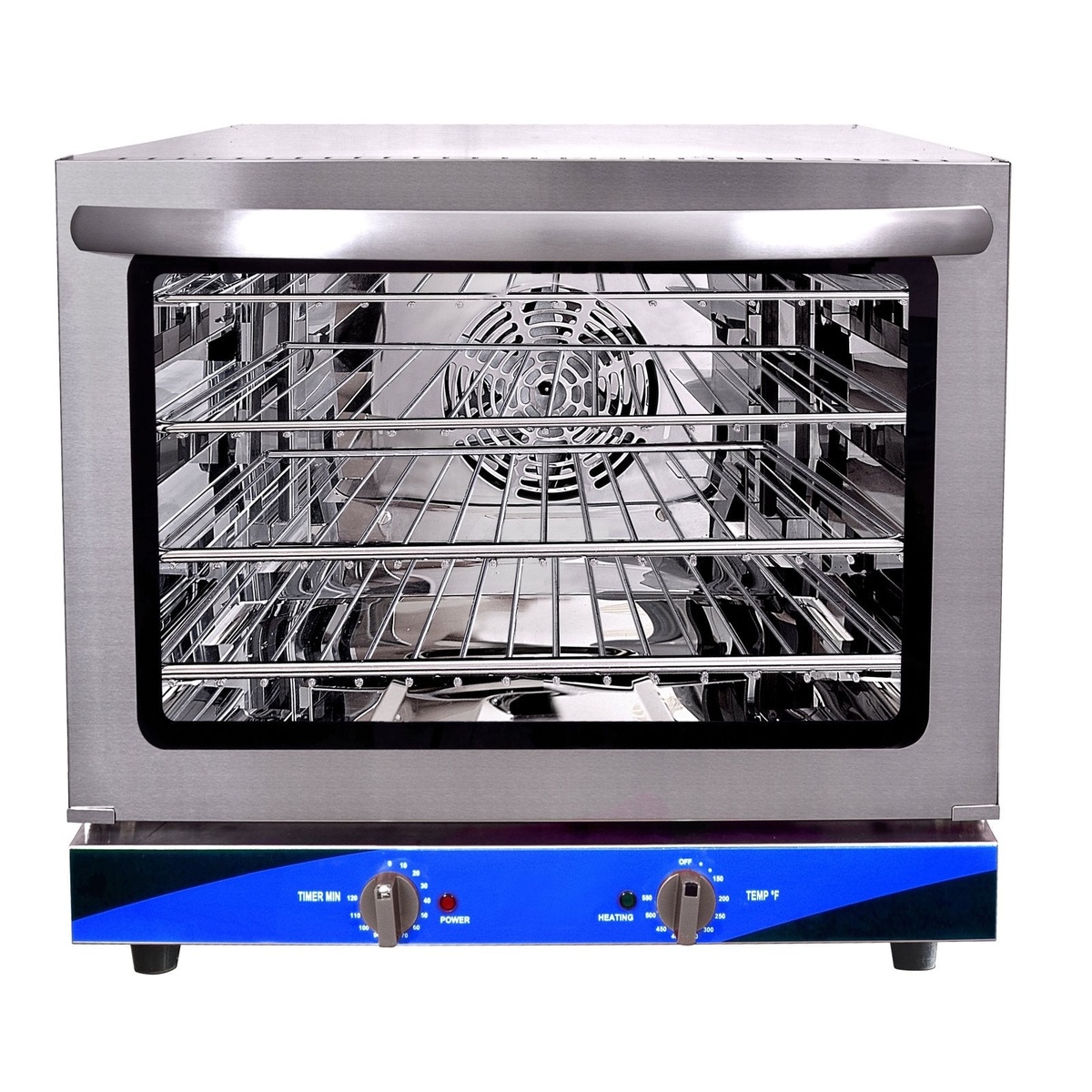 ENCOV-28 Enhanced half-size countertop convection oven with stainless steel body, glass door, four wire racks, convection fan, and blue control panel