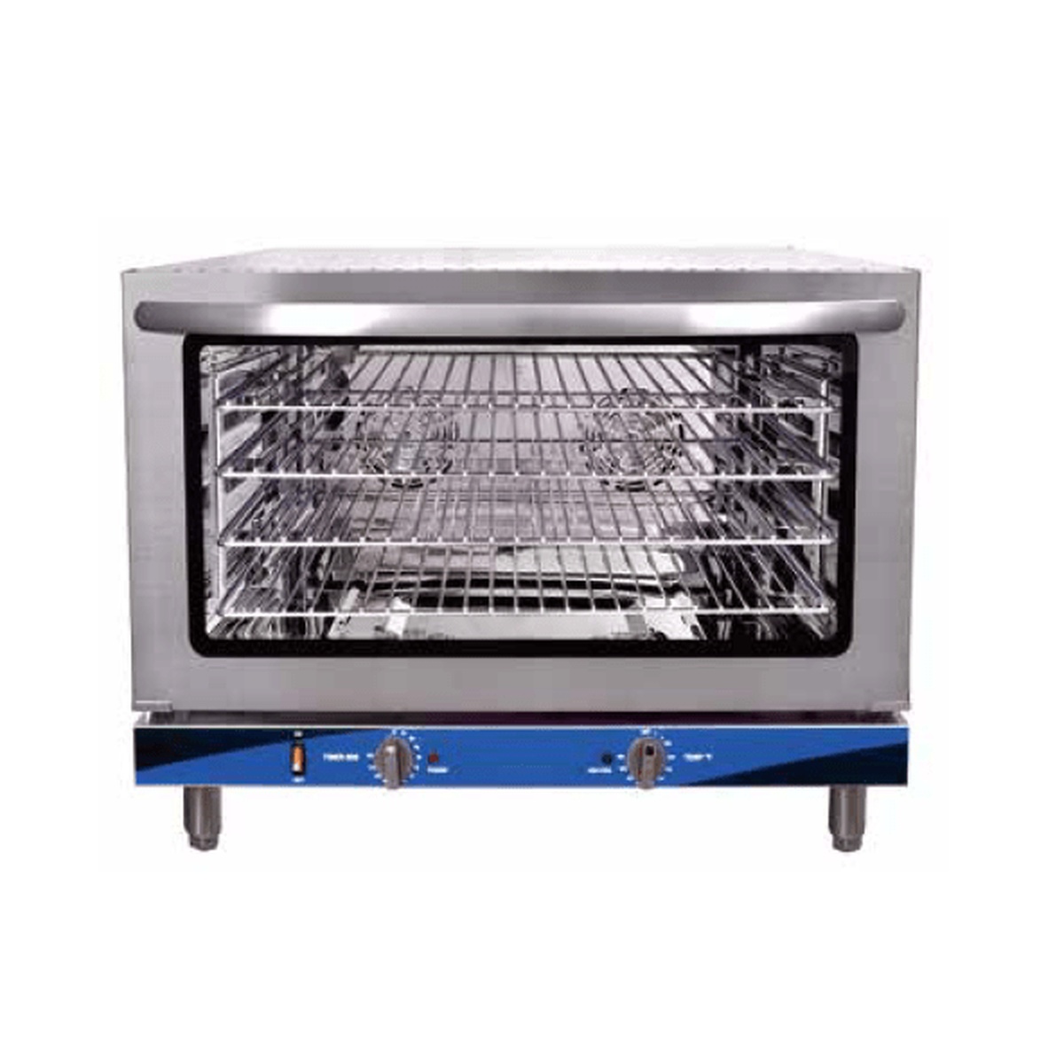 ENCOV-38 Enhanced full-size countertop convection oven with glass door, four wire racks, and blue front control panel