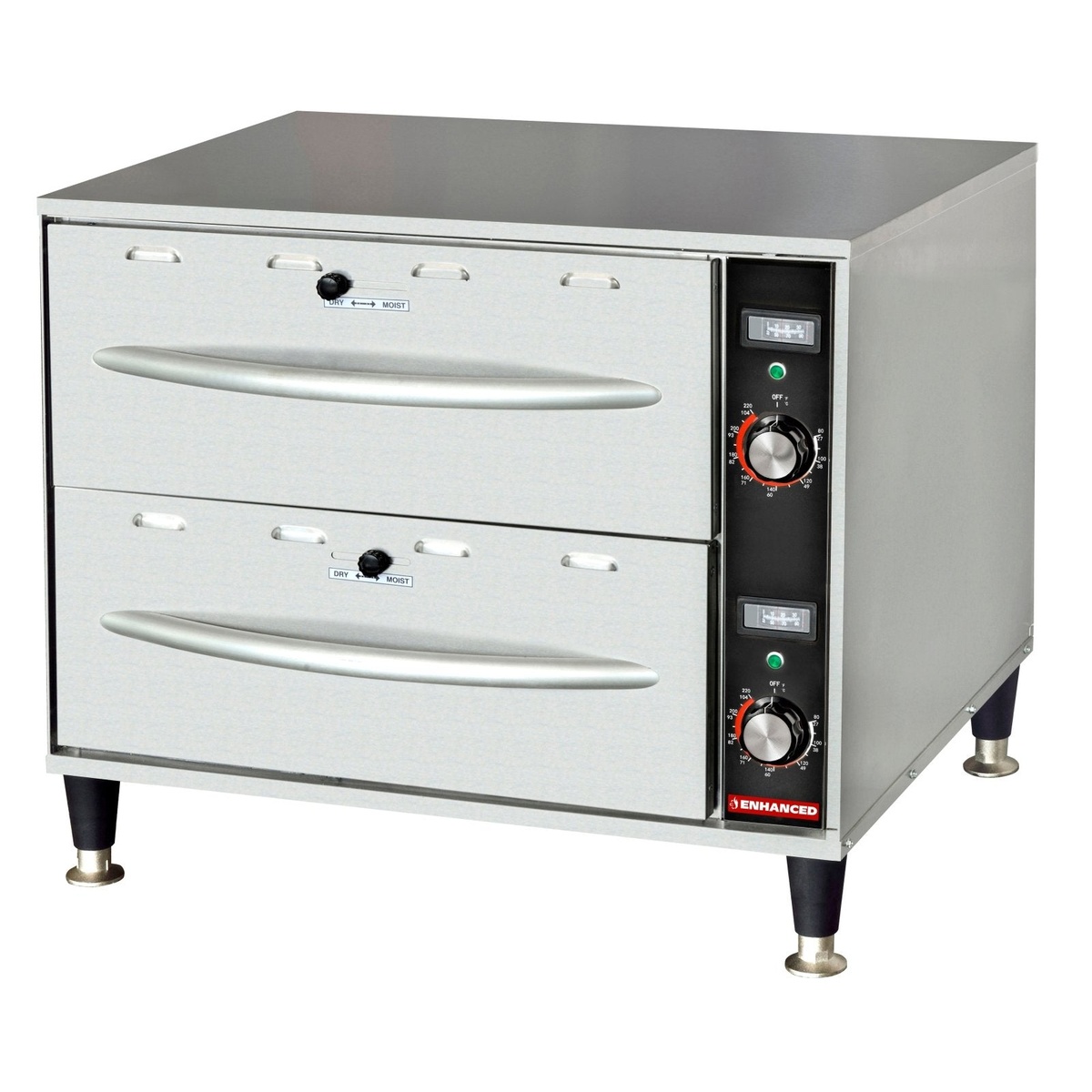 Enhanced ENDW-2-1 two-drawer food warmer unit with stainless steel body, individual temperature dials, dry/moist controls, and green indicator lights