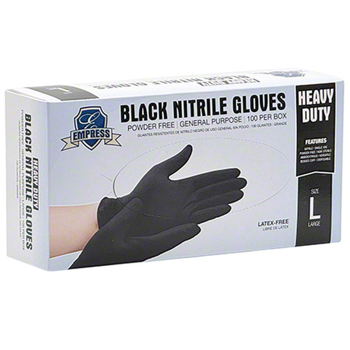 Empress Heavy Duty Black Nitrile Gloves box showing 100 powder-free, latex-free gloves per box