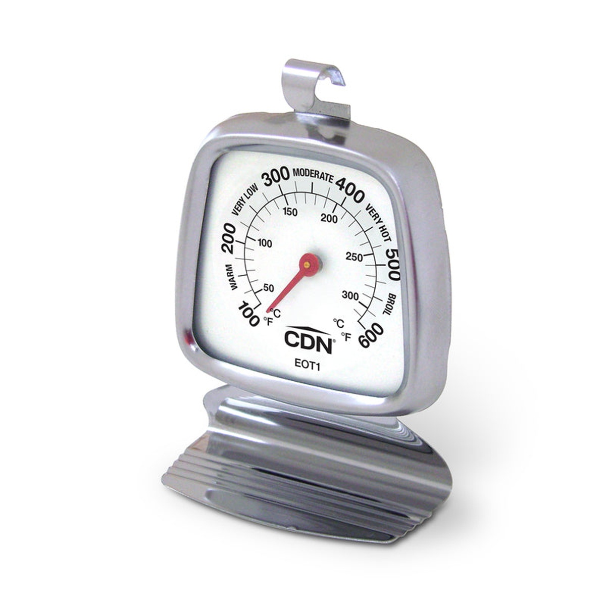CDN EOT1 analog dial oven thermometer with 304 stainless steel housing standing on its wide base, showing dual Fahrenheit and Celsius scale with labeled cooking zones and top hanging hook