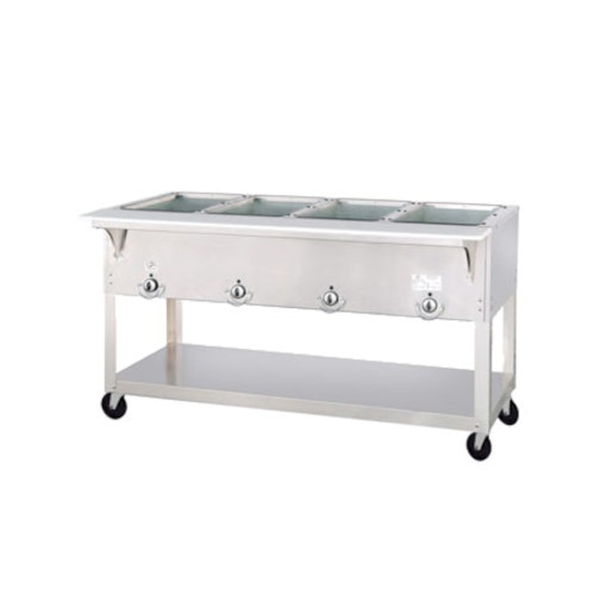 Duke EP304SW portable electric hot food table with four sealed wells, undershelf, and casters